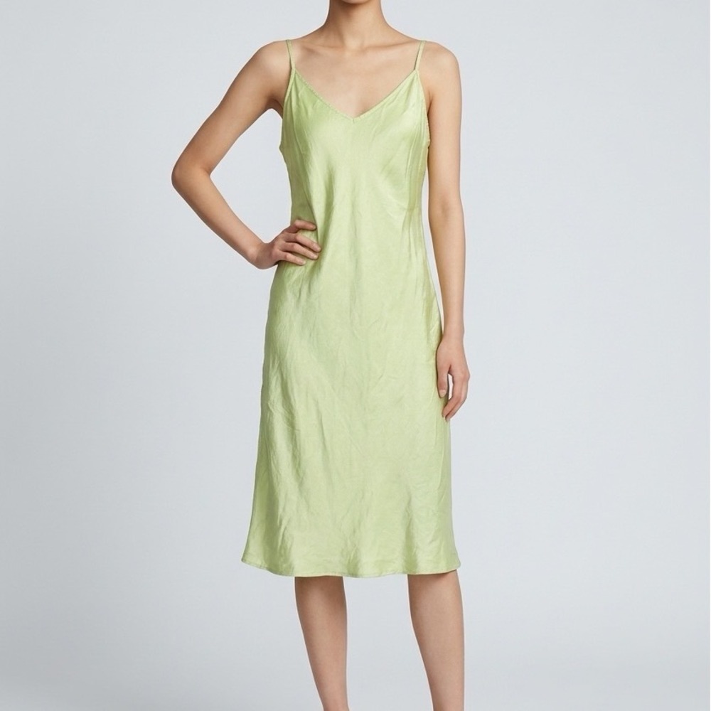 Satin Slip Dress Women Medium Lime Green V-Neck Midi Adjustable Strap 90s No Tag